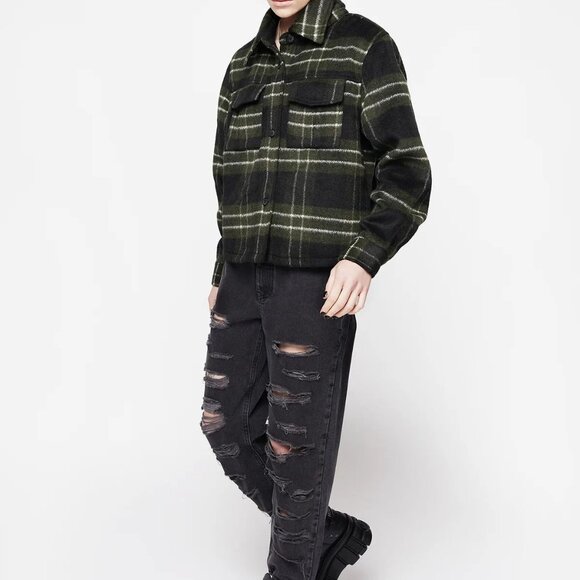 Disturbia Logan Collared Pocket Check Shacket - Green & Black - Picture 2 of 8